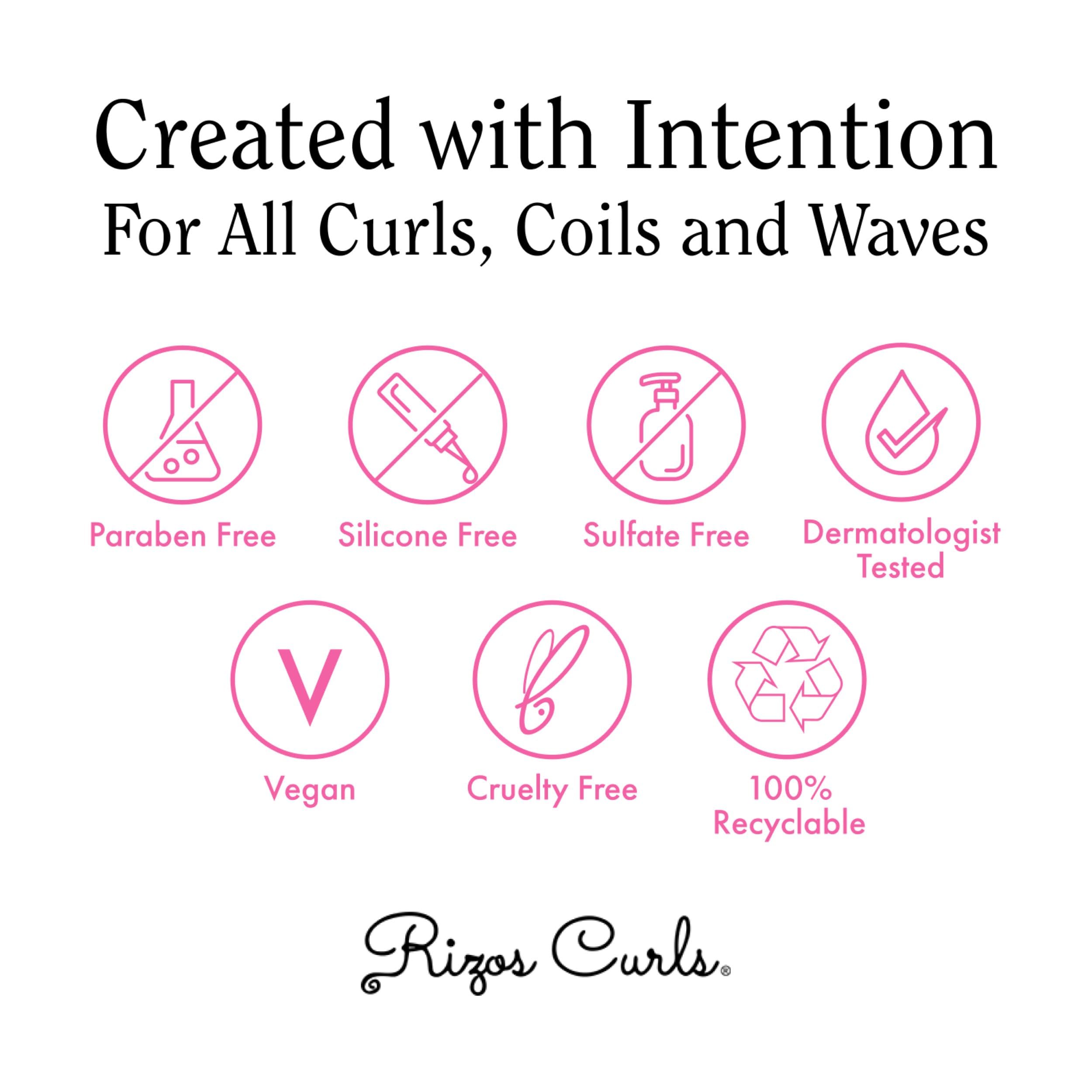 Woman with defined curls using Rizos Curls showing frizz reduction and volume