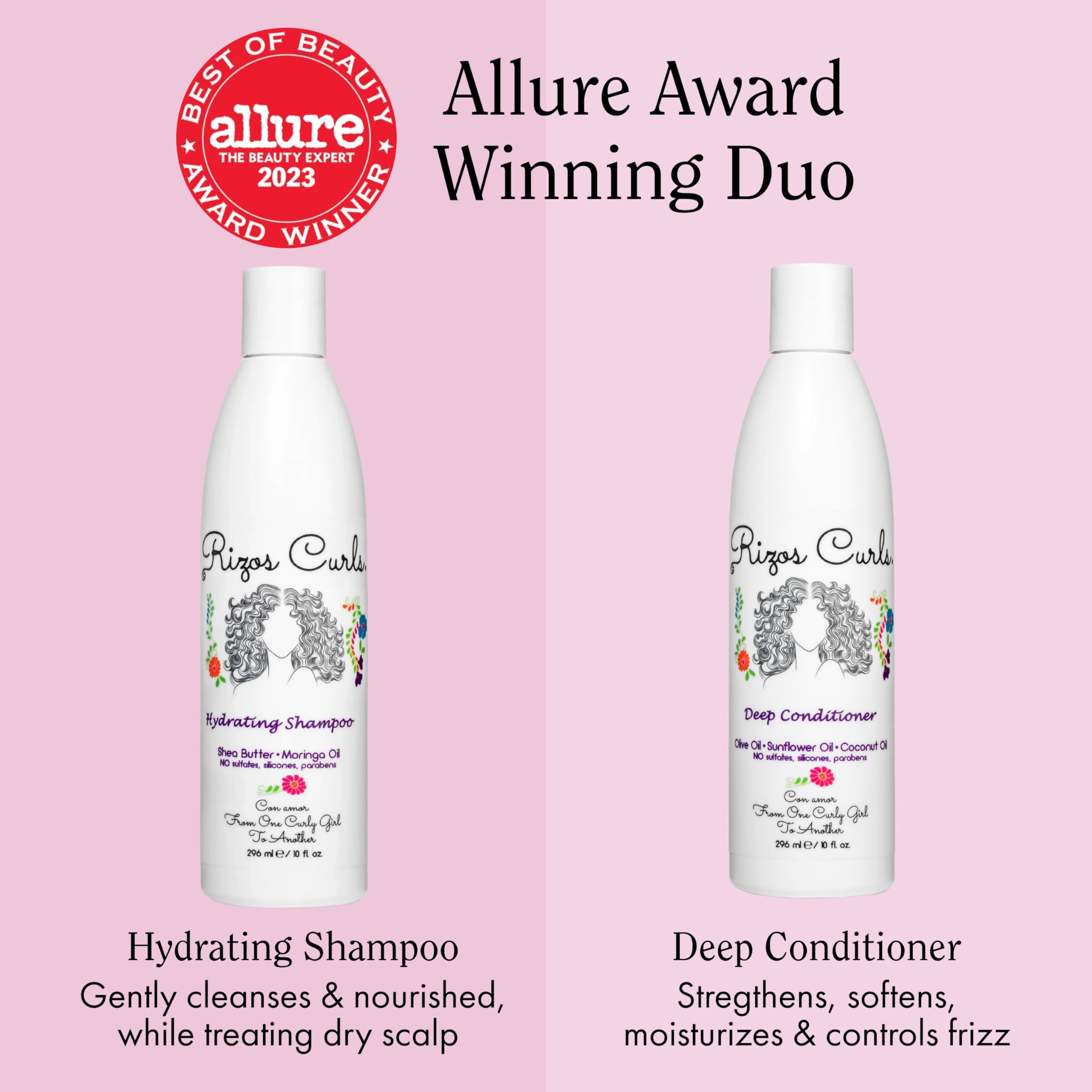 Rizos Curls shampoo bottle close-up highlighting label and gentle formula benefits