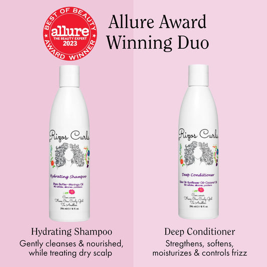 Rizos Curls shampoo bottle close-up highlighting label and gentle formula benefits