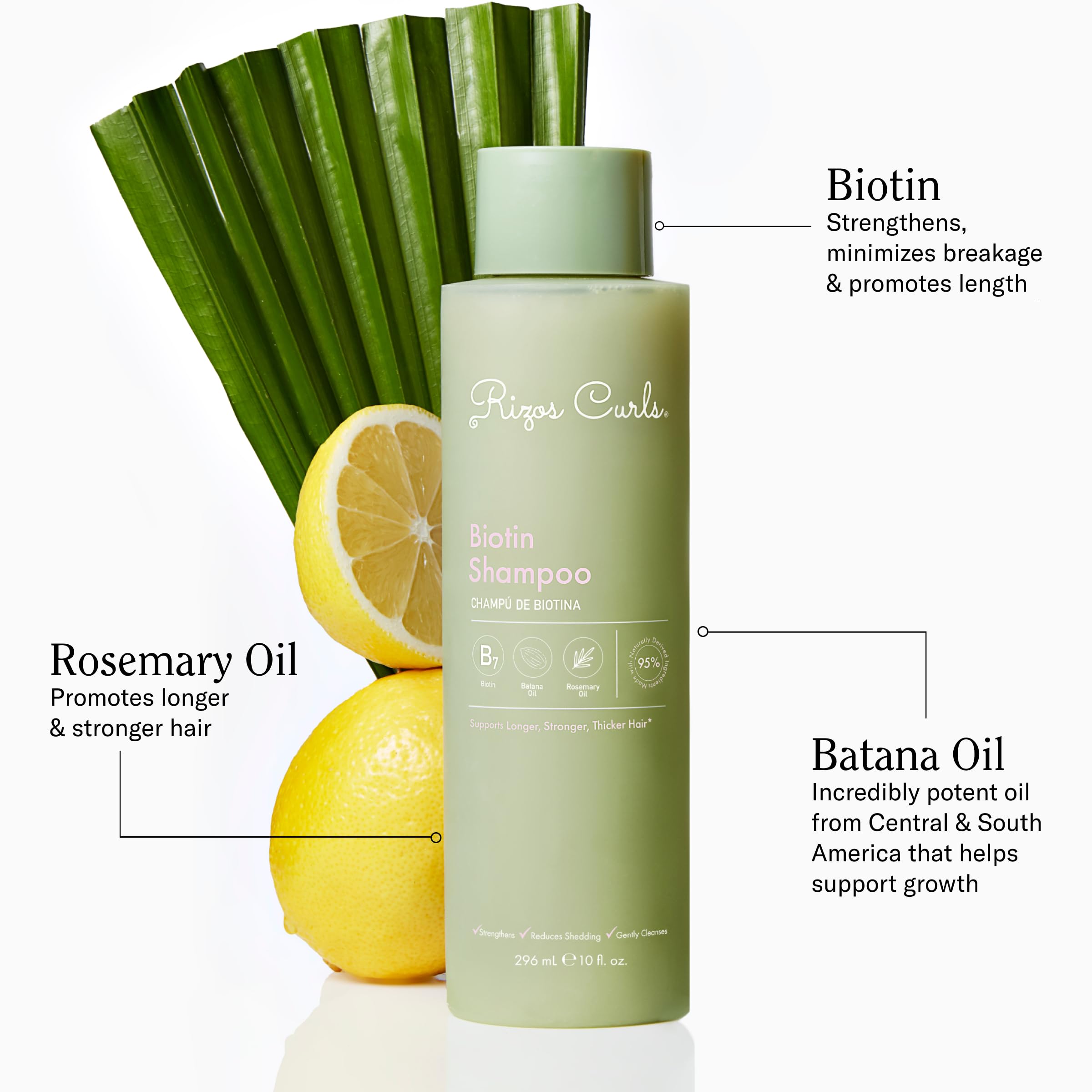 Close-up label of Rizos Curls shampoo highlighting biotin and oat protein