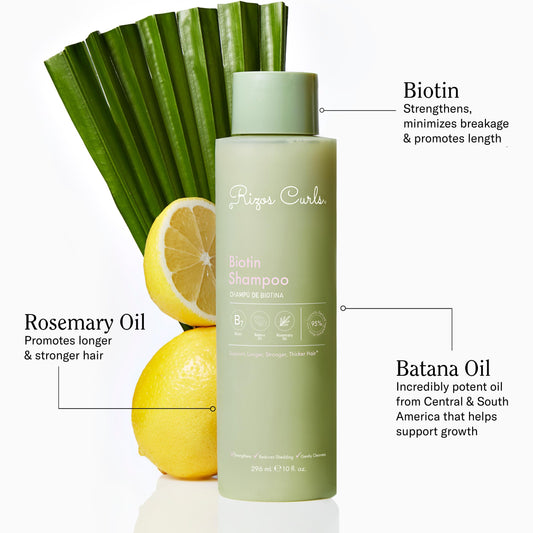 Close-up label of Rizos Curls shampoo highlighting biotin and oat protein