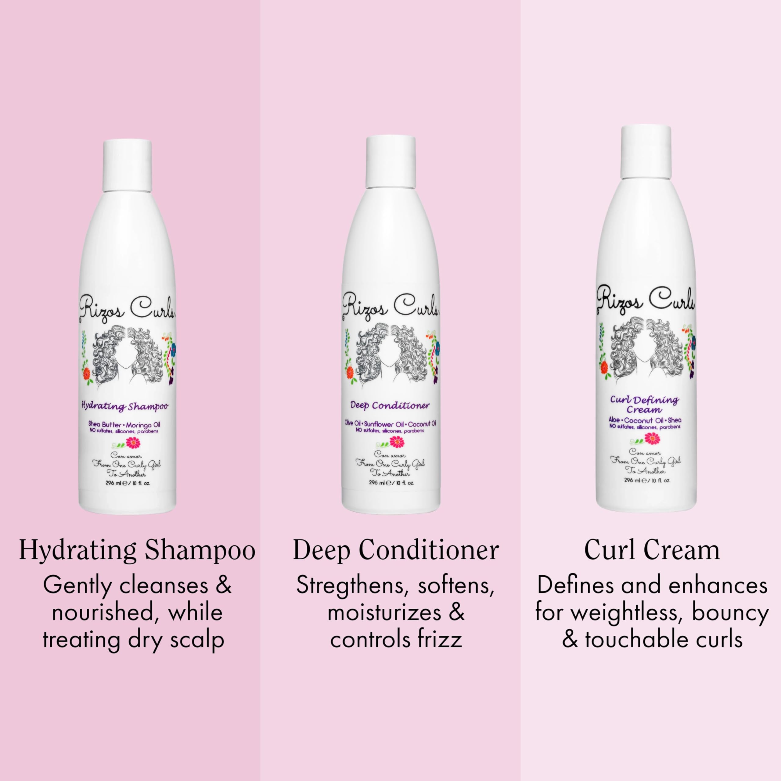 Rizos Curls hydrating shampoo pouring to show gentle cleansing and moisture