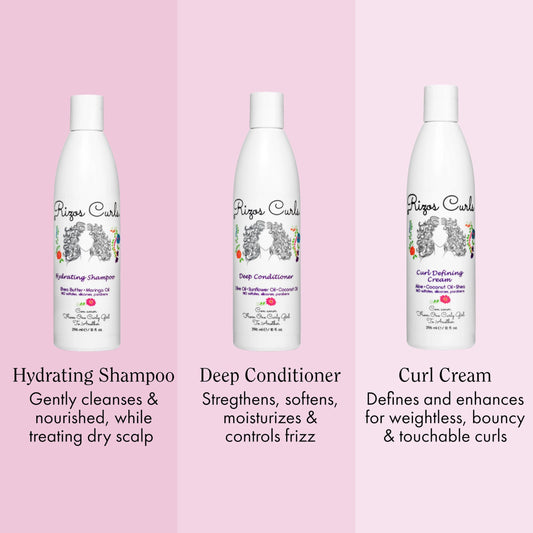 Rizos Curls hydrating shampoo pouring to show gentle cleansing and moisture