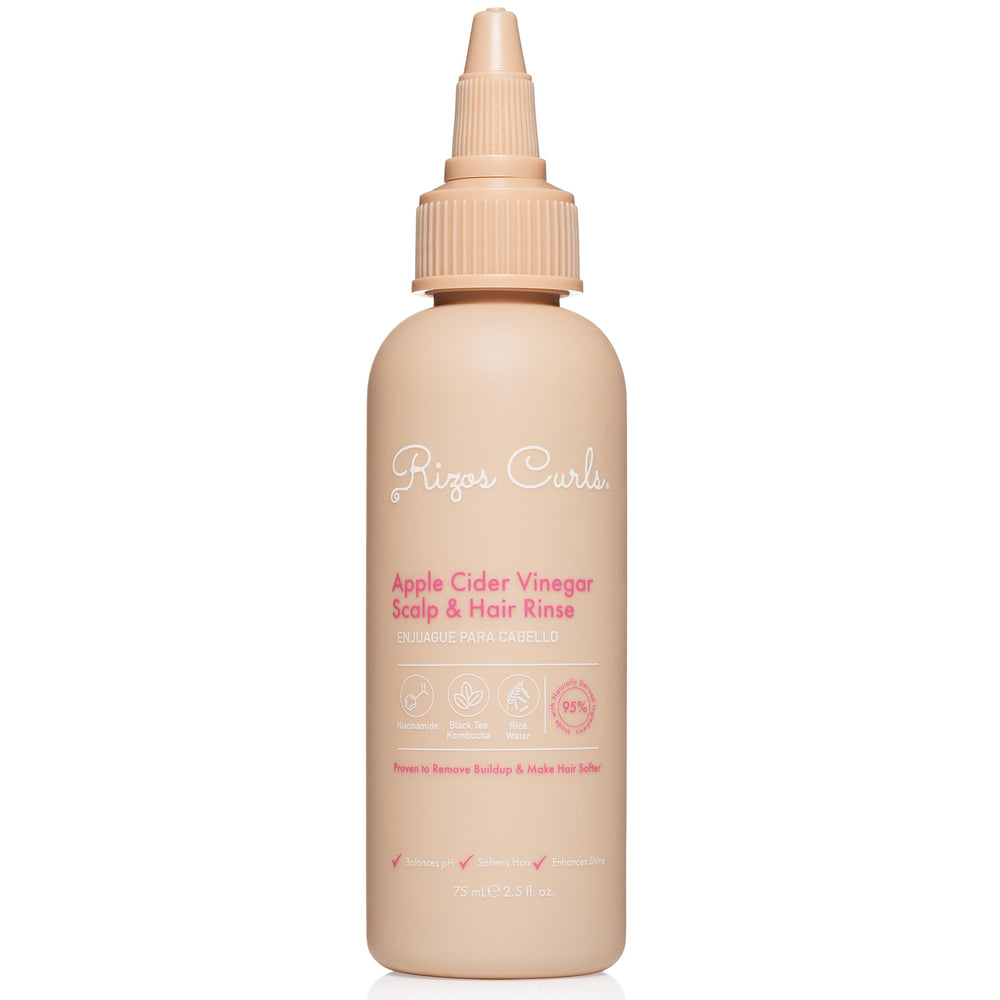 Rizos Curls travel bottle front view showing compact clarifying rinse for portability and convenience