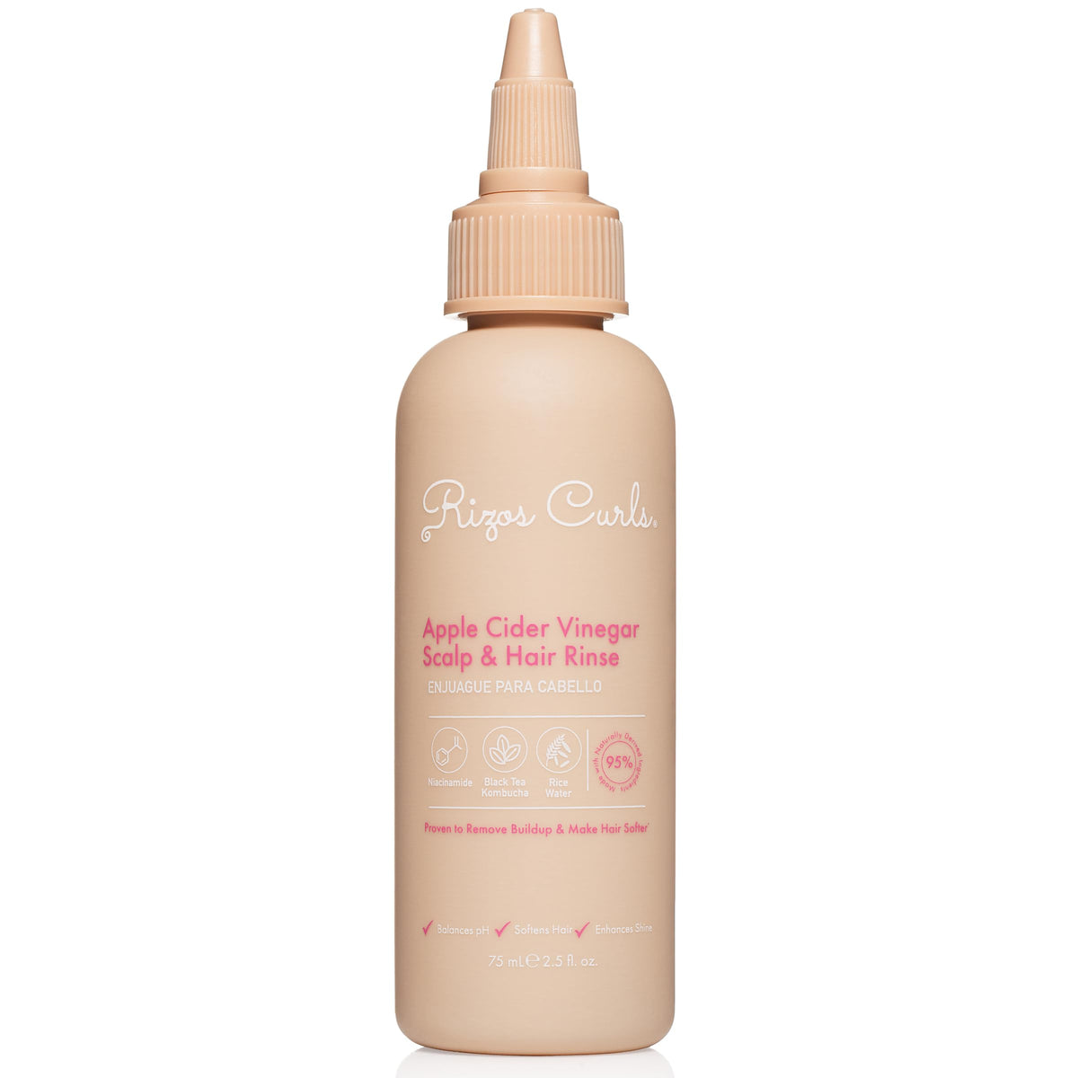 Rizos Curls travel bottle front view showing compact clarifying rinse for portability and convenience