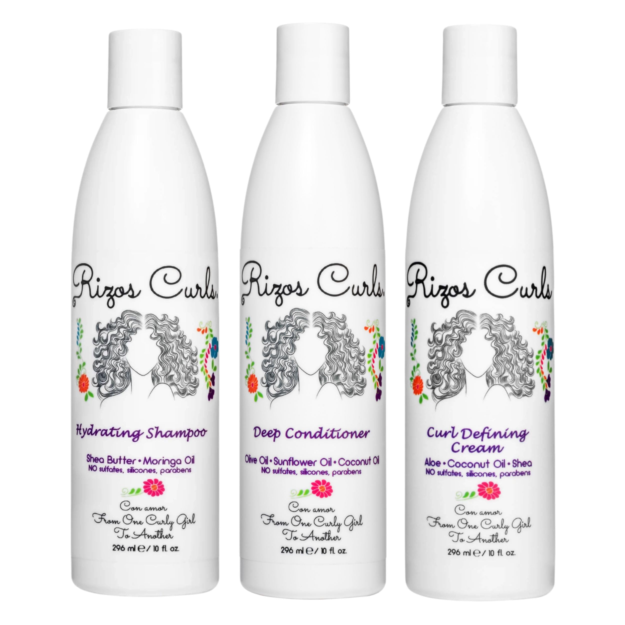 Rizos Curls trio front packaging showing all three bottles and branding benefits