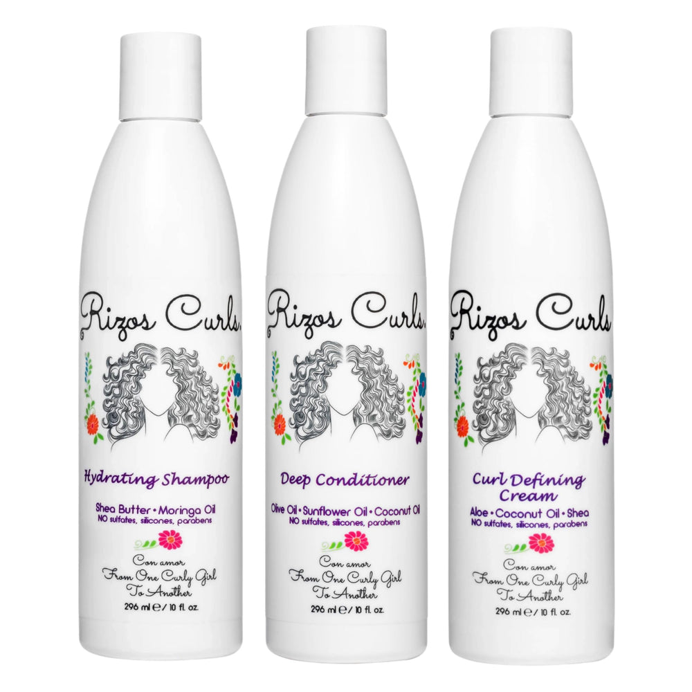 Rizos Curls trio front packaging showing all three bottles and branding benefits