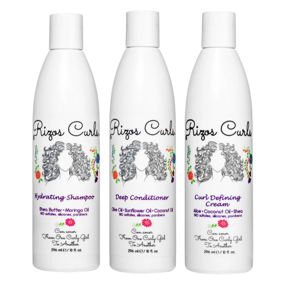Rizos Curls trio front packaging showing all three bottles and branding benefits