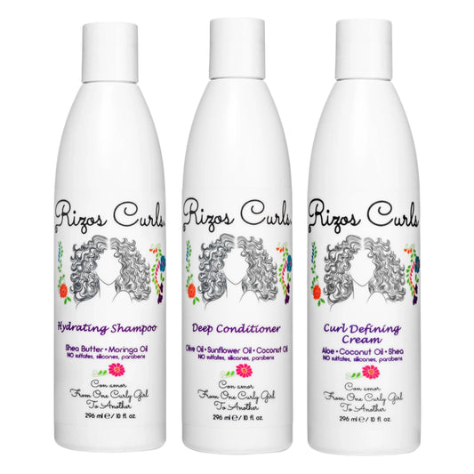 Rizos Curls trio front packaging showing all three bottles and branding benefits