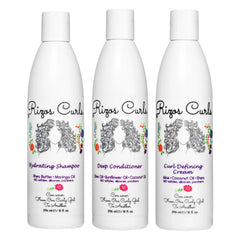 Rizos Curls trio front packaging showing all three bottles and branding benefits