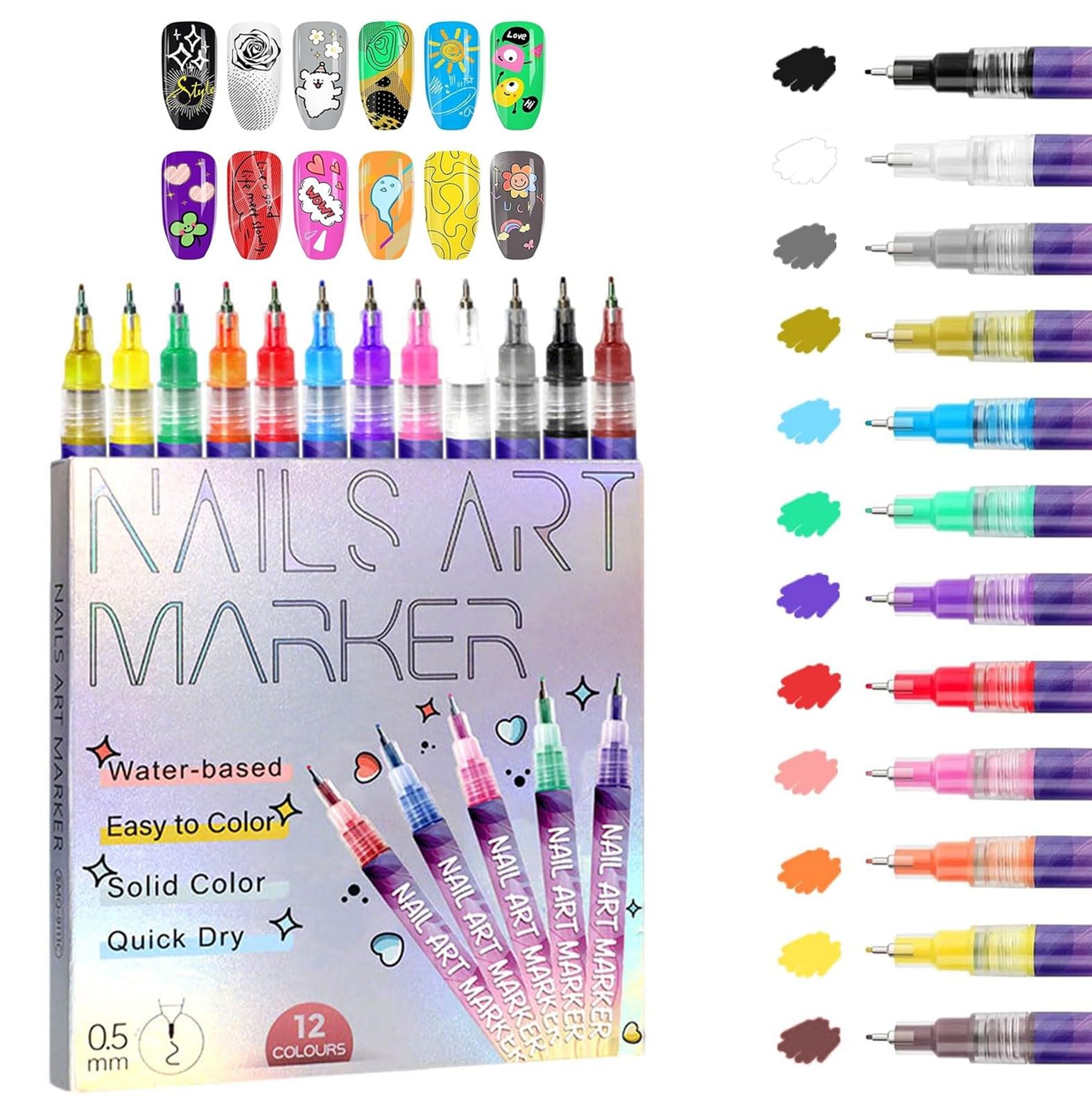 RMPYBY front packaging showing 12-color nail art pen kit with clear layout and benefits