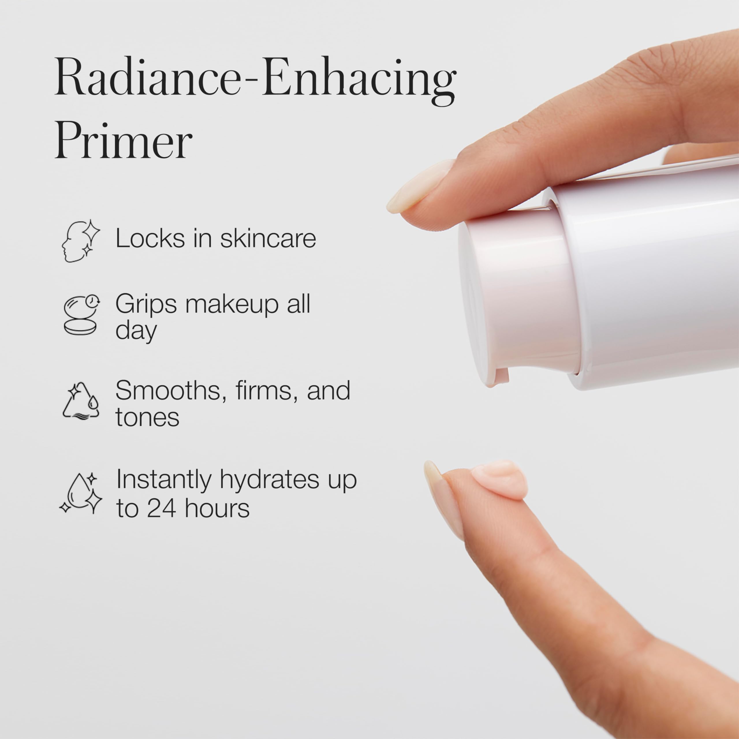 RMS Beauty open dispenser detail showing pump, benefits controlled application and hygiene