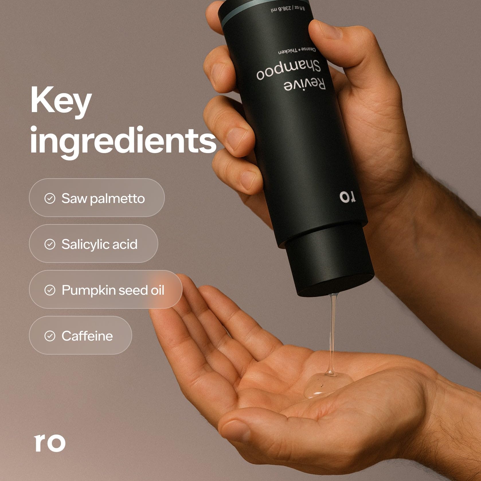 Ro pump dispensing shampoo demonstrating easy one-handed use benefit
