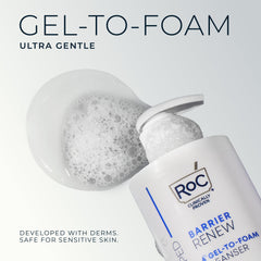 RoC gel turning into foam on hand, demonstrates gentle cleansing action