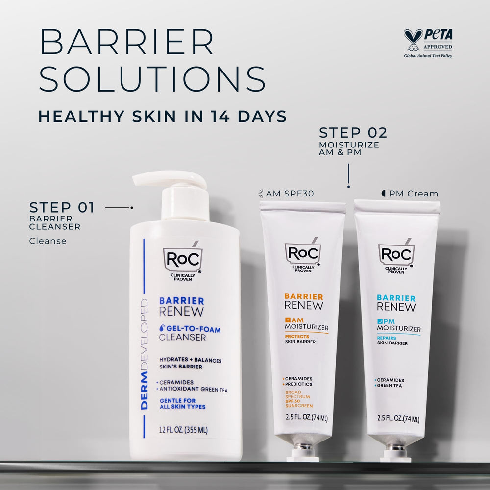 RoC in-use at sink lathering on face, conveys non-drying clean feeling