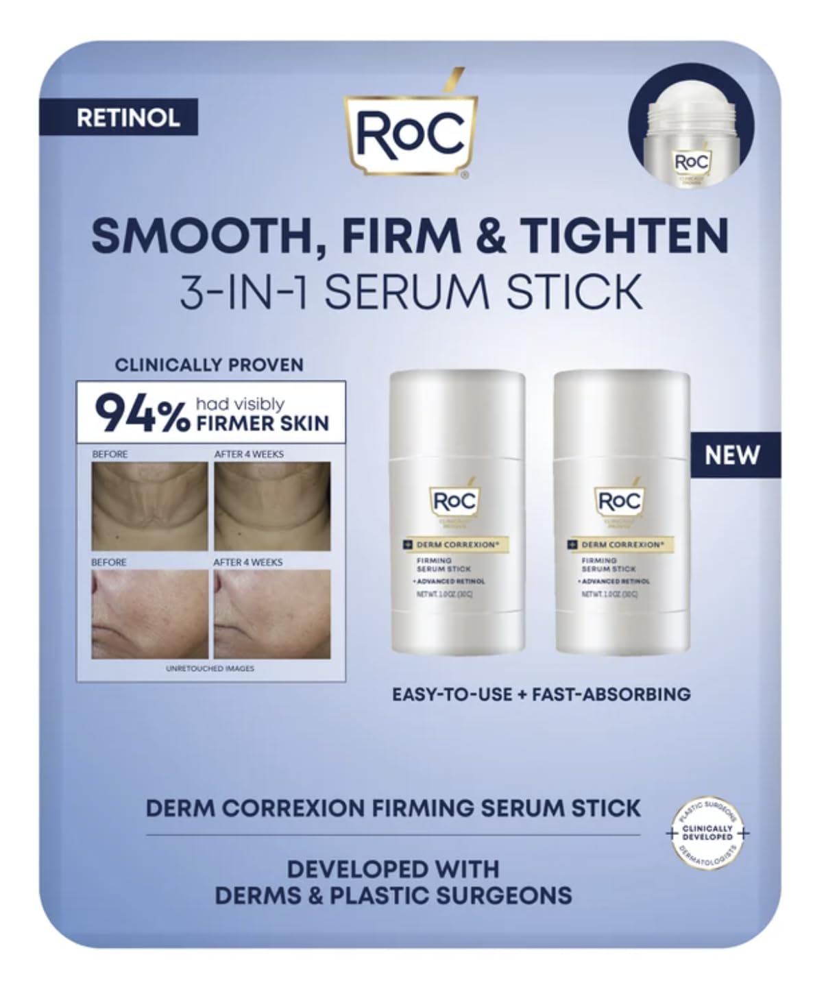 RoC front packaging showing the firming serum stick and clear benefits