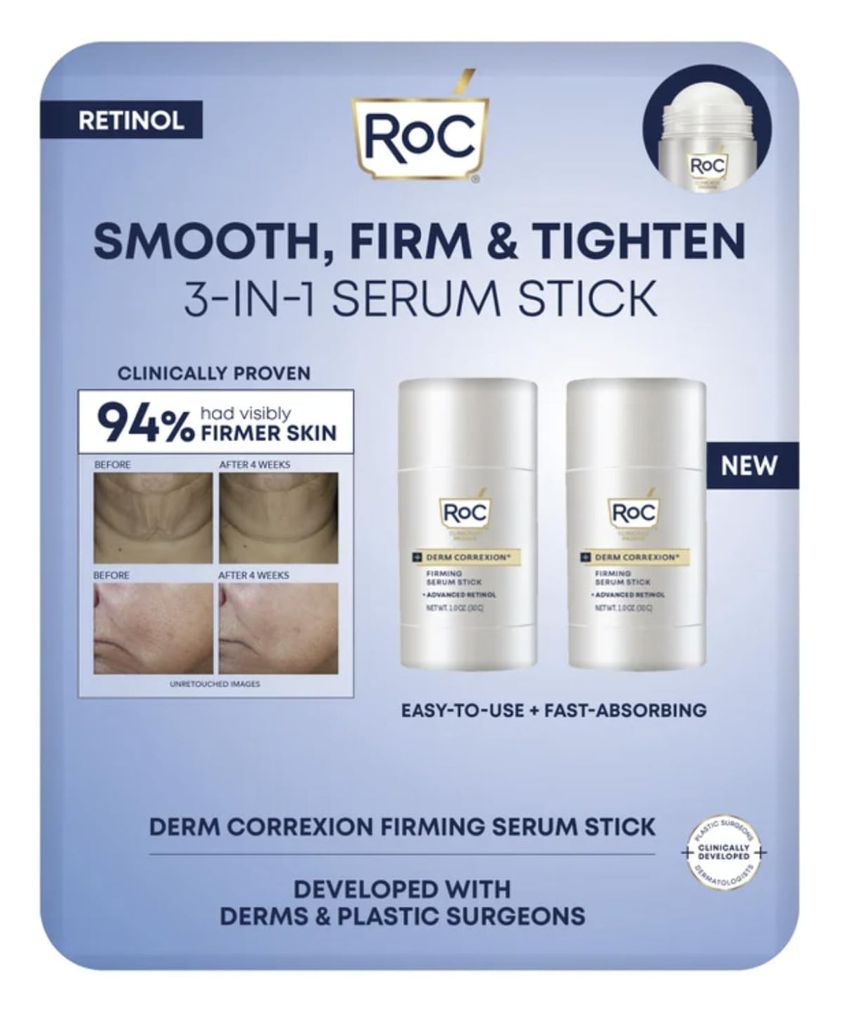 RoC front packaging showing the firming serum stick and clear benefits
