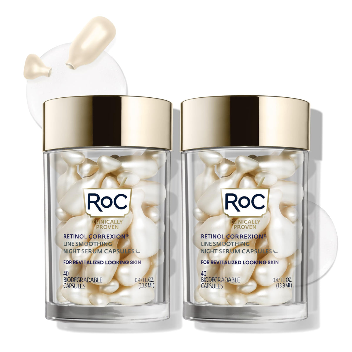 RoC front packaging showing 80-night serum capsules and product benefit