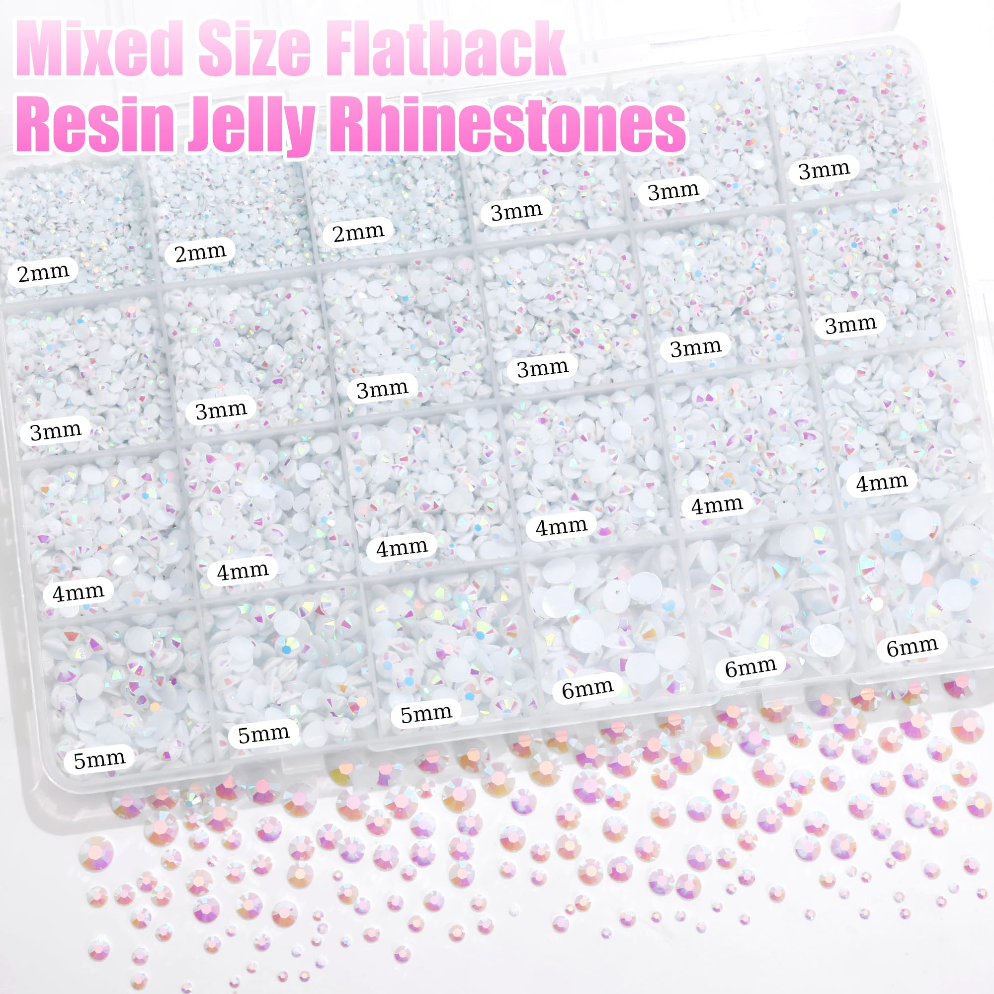 RODAKY 24-grid organizer open with sorted white jelly rhinestones for quick access