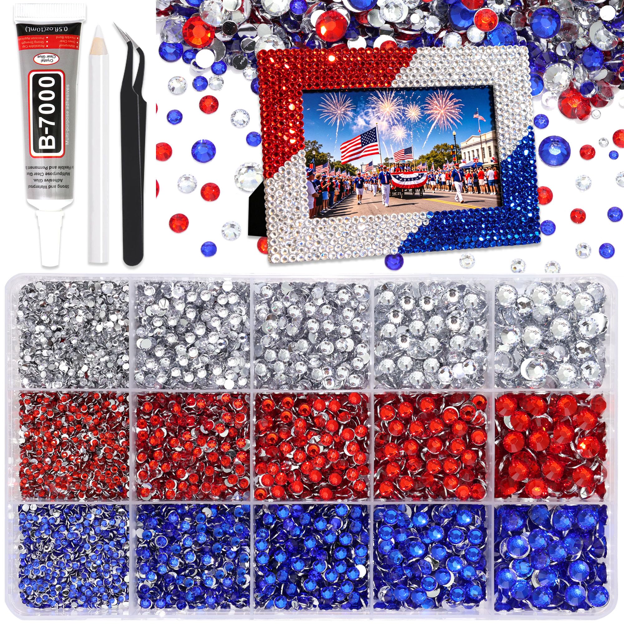 RODAKY front packaging showing mixed blue red rhinestones and tools, clear organization benefit