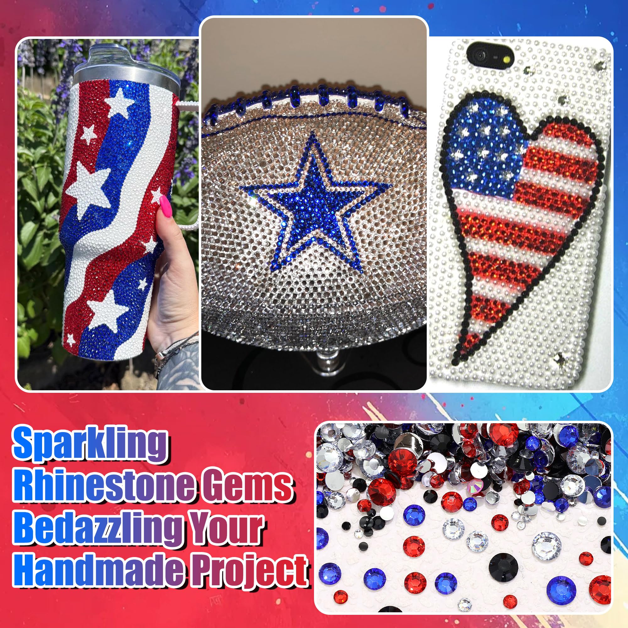 RODAKY close-up of blue red rhinestones showing sparkle and color contrast