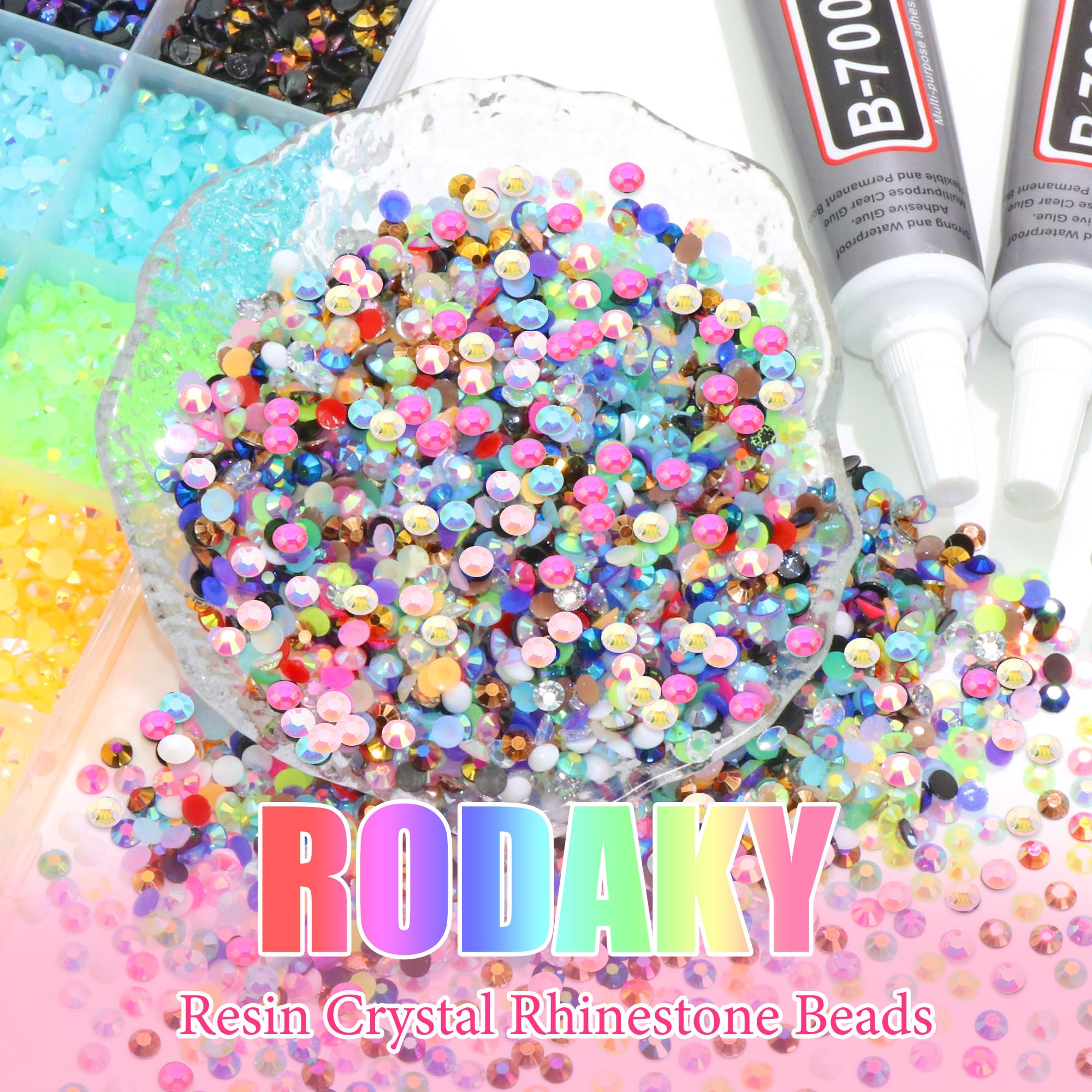 RODAKY next to a ruler showing 3mm rhinestone scale for accurate size reference