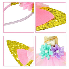 Roffiy floral detail on headband, decorative flowers enhance whimsical look