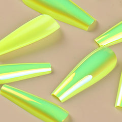ROFIBUT close-up of mirror chrome surface highlighting vivid fluorescent green shine