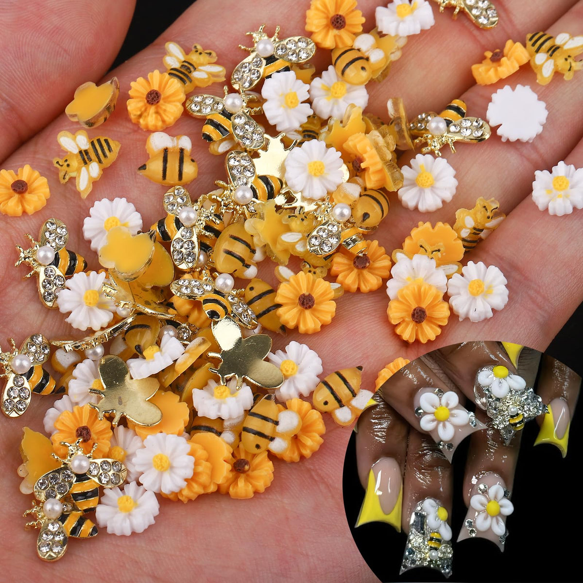 ROFIBUT front packaging showing 60 bee and daisy nail charms for easy selection