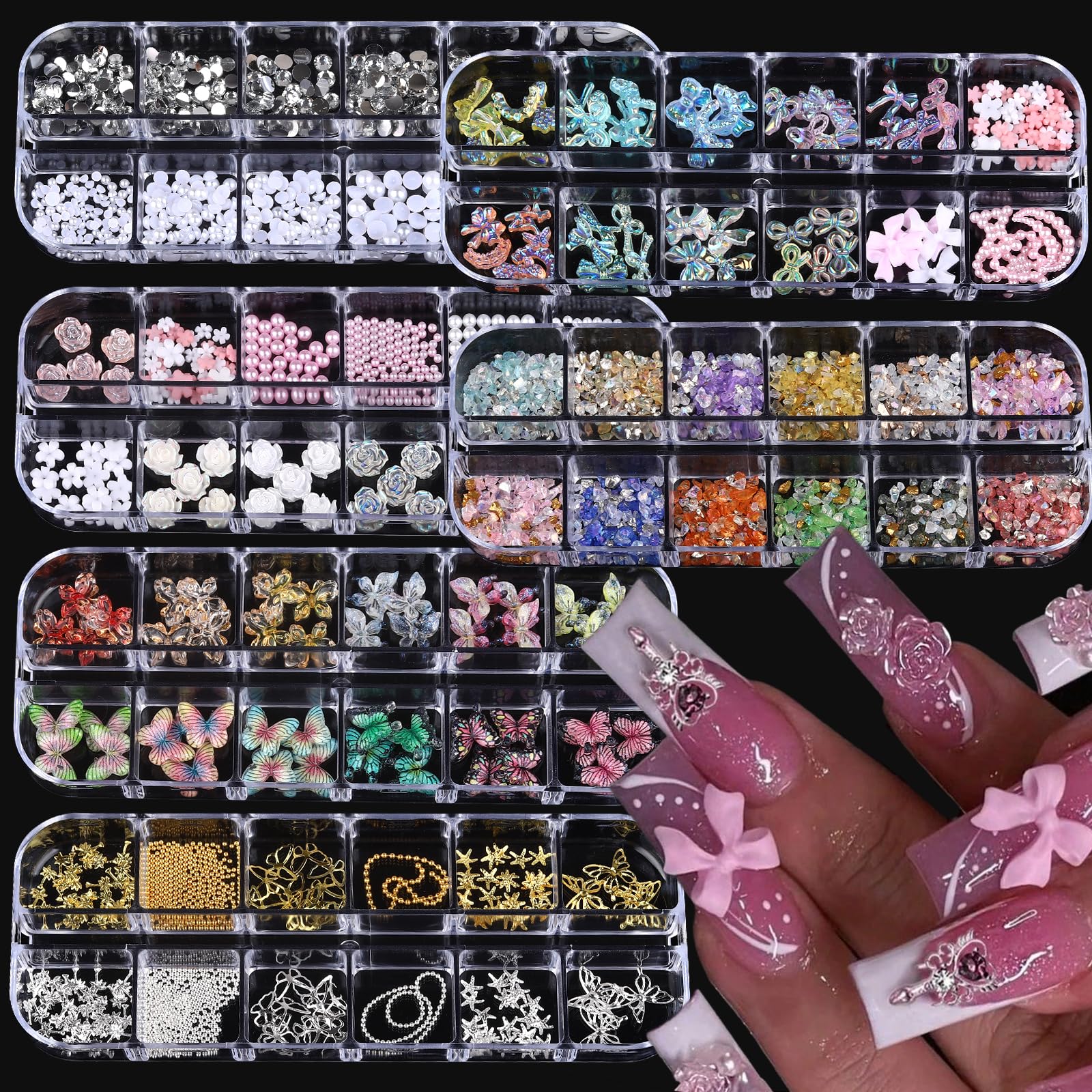 ROFIBUT front packaging showing six boxes and vibrant nail charm variety for easy selection