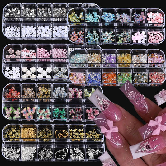 ROFIBUT front packaging showing six boxes and vibrant nail charm variety for easy selection