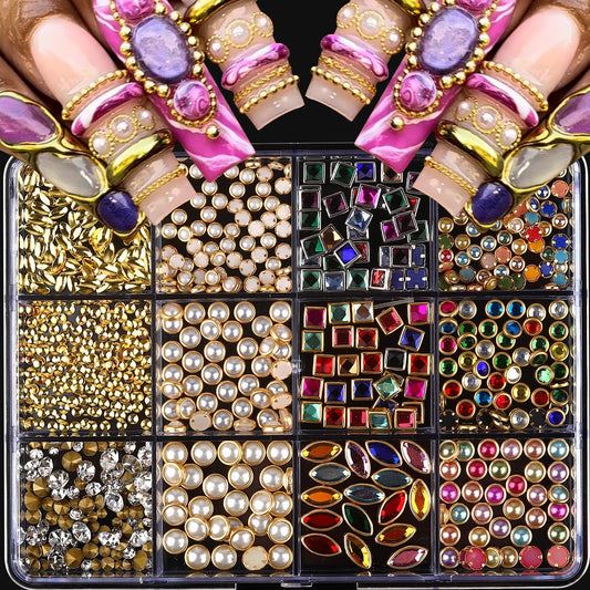 ROFIBUT front packaging showing 12 grids and colorful metallic charms for versatile nails