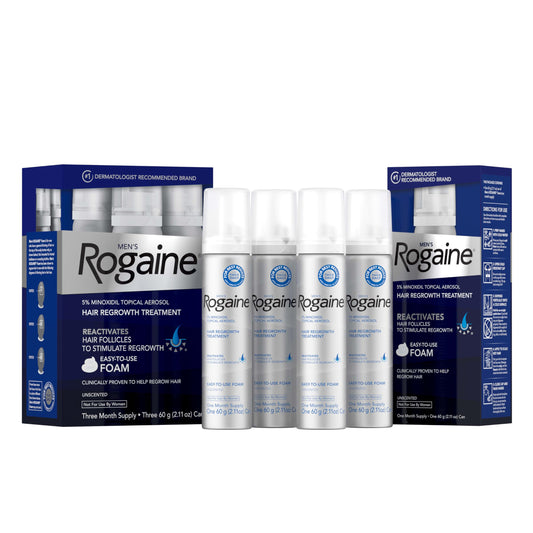 Rogaine front packaging four‑can set showing supply and benefit of consistent use