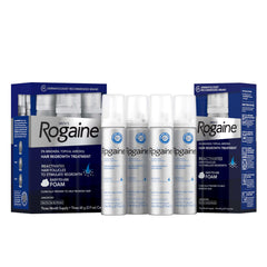 Rogaine front packaging four‑can set showing supply and benefit of consistent use