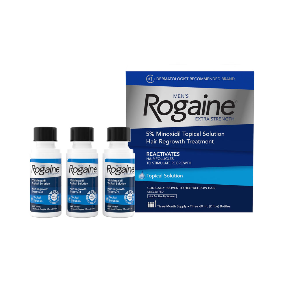 Rogaine front pack showing three 2 fl oz bottles for consistent regrowth