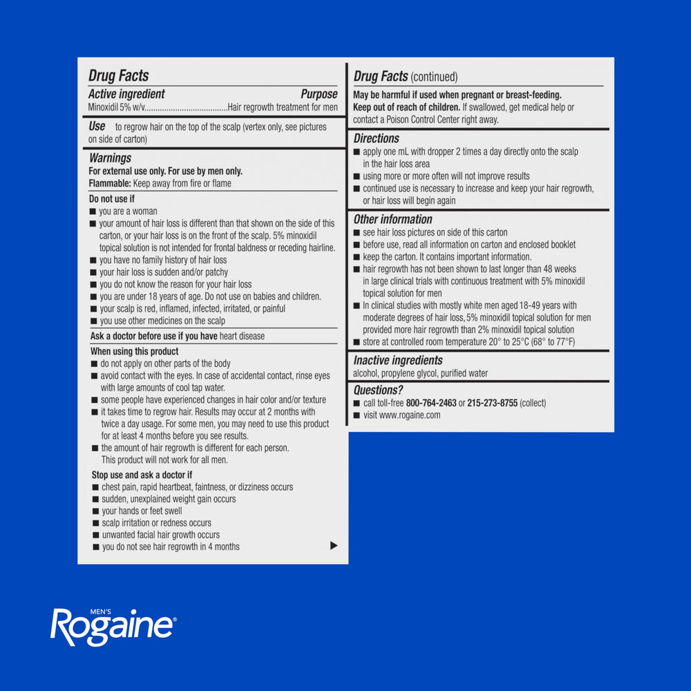Back label of Rogaine showing instructions and ingredient clarity