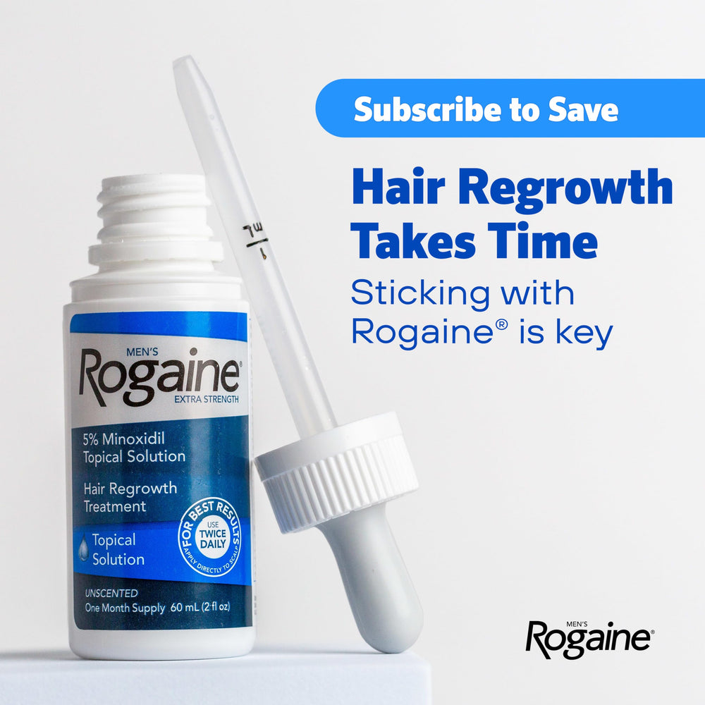 Three Rogaine bottles flatlay representing a full three-month supply