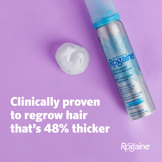 Rogaine canister close-up highlighting nozzle and usage ease