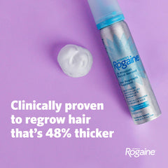 Rogaine canister close-up highlighting nozzle and usage ease