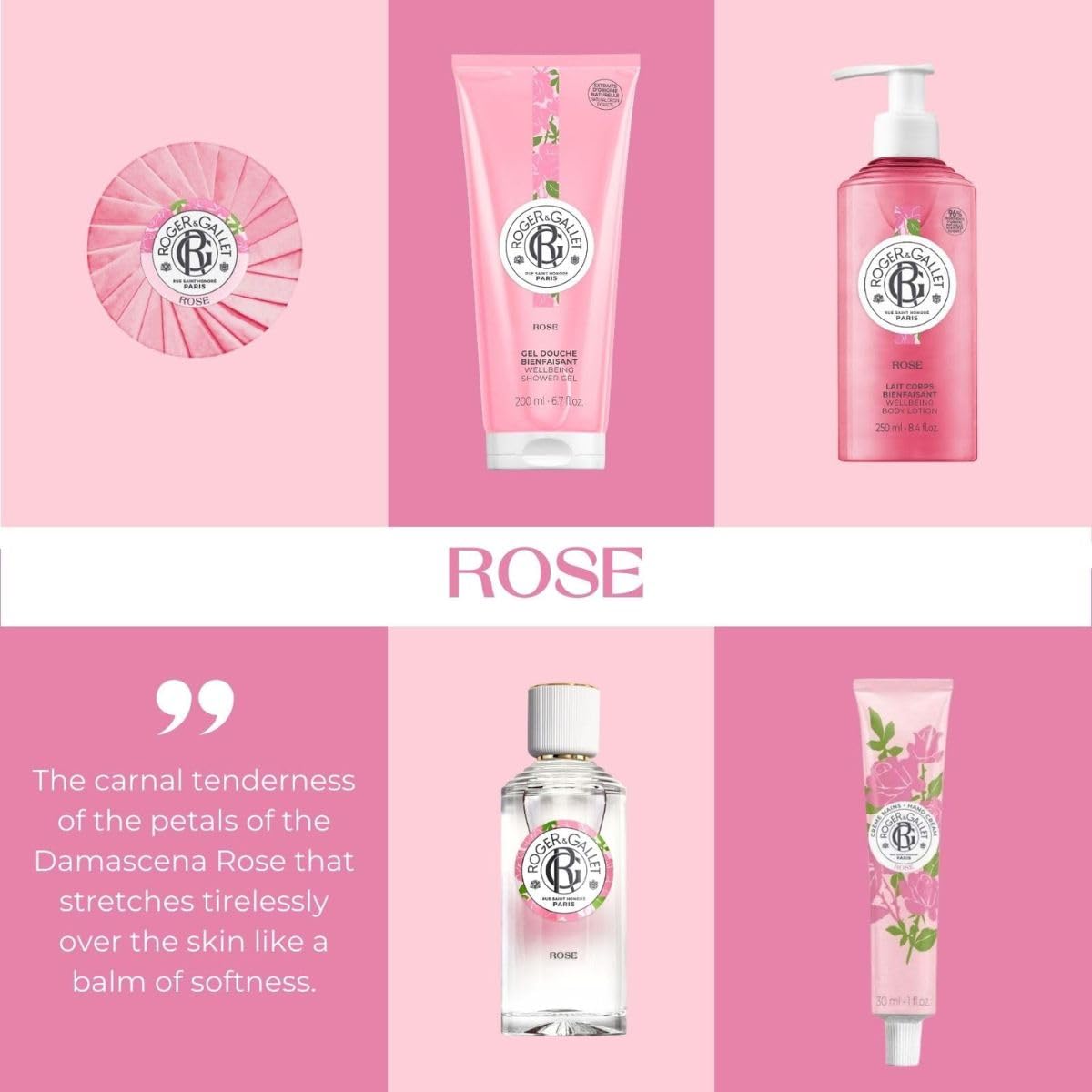 ROGER & GALLET rose bottle on bathroom shelf suggesting a relaxing shower ritual