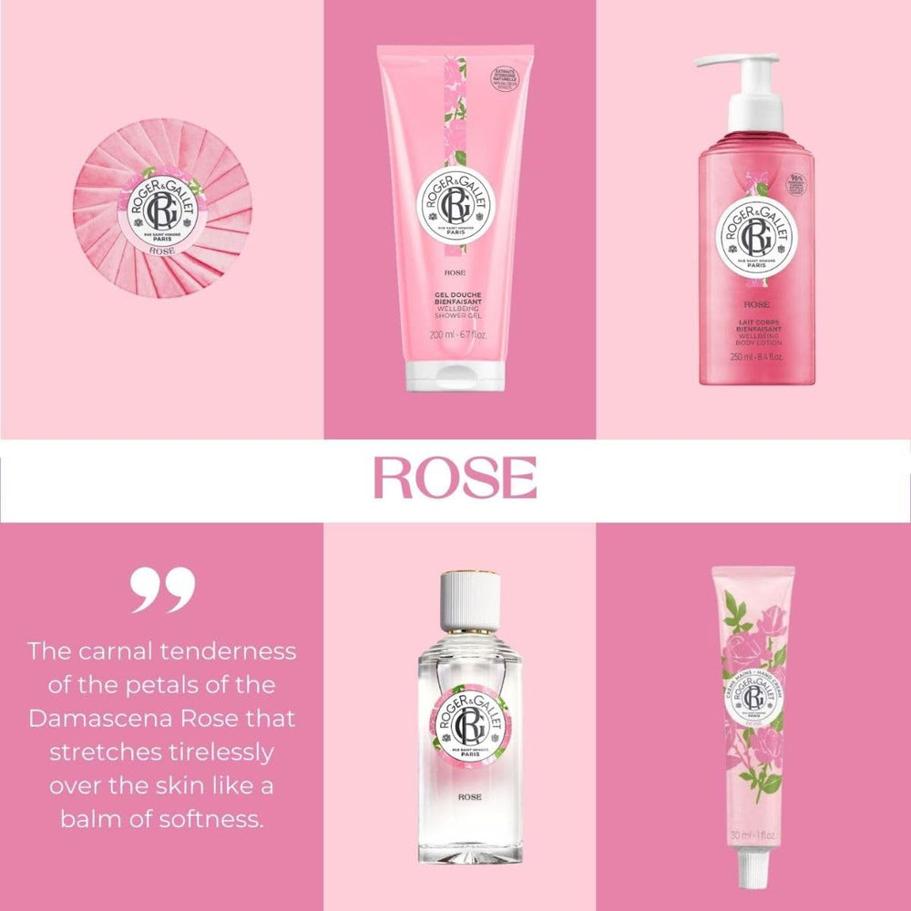 ROGER & GALLET rose bottle on bathroom shelf suggesting a relaxing shower ritual