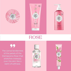 ROGER & GALLET rose bottle on bathroom shelf suggesting a relaxing shower ritual