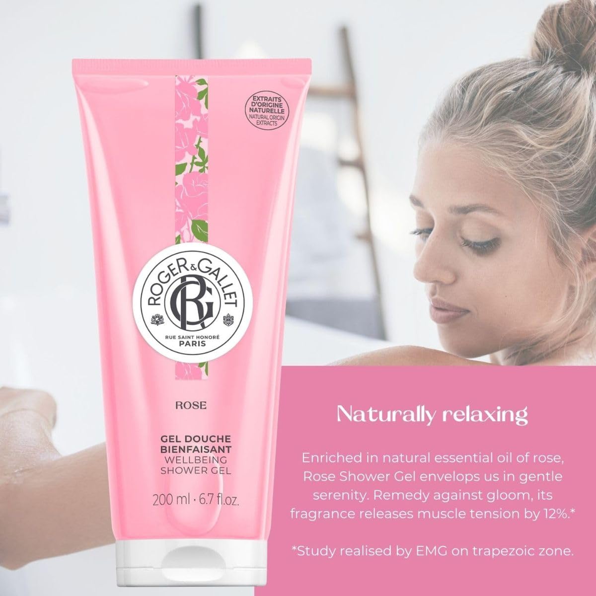 ROGER & GALLET rose label close-up highlighting natural extracts and fragrance notes