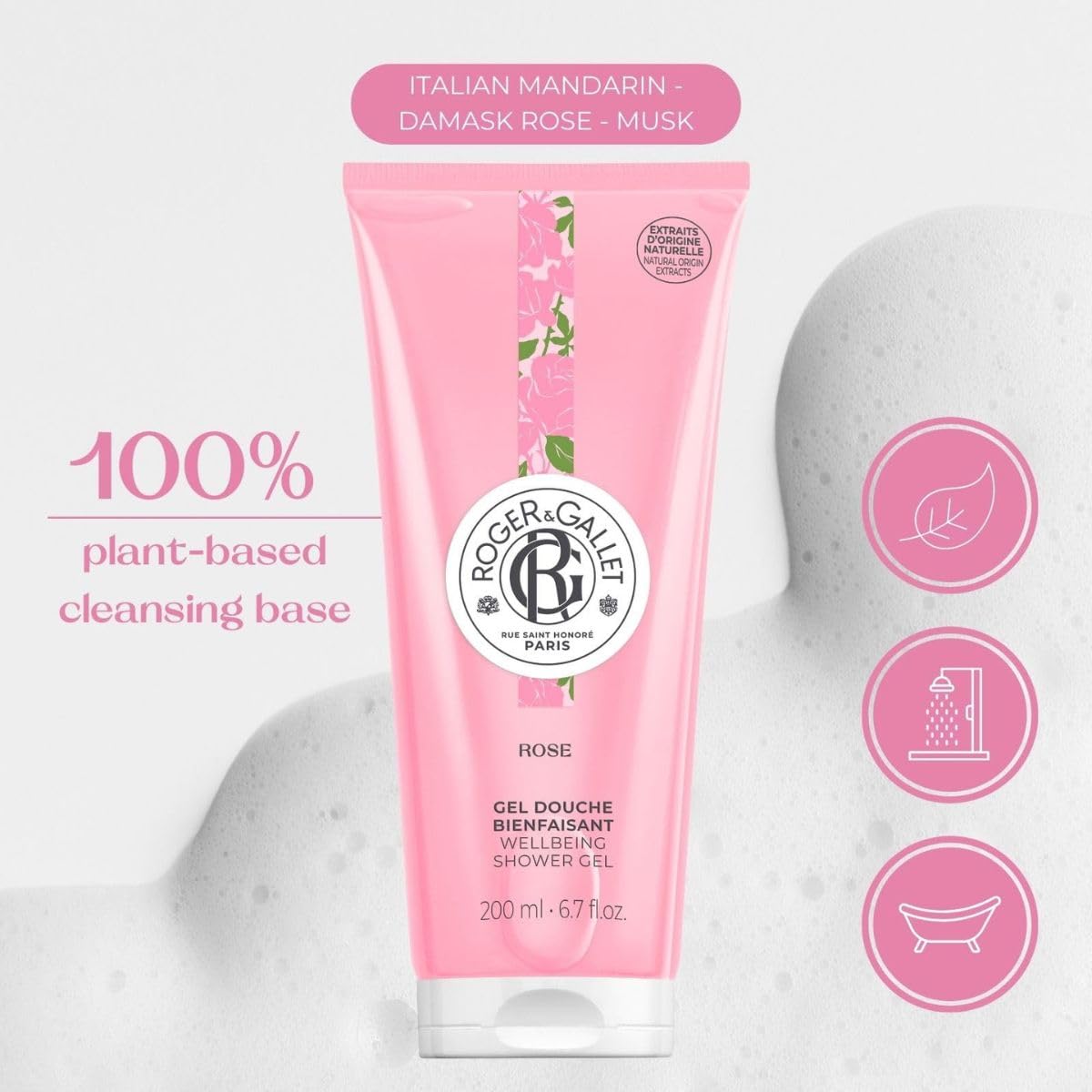 ROGER & GALLET rose foam on hand demonstrating rich lather and gentle cleanse