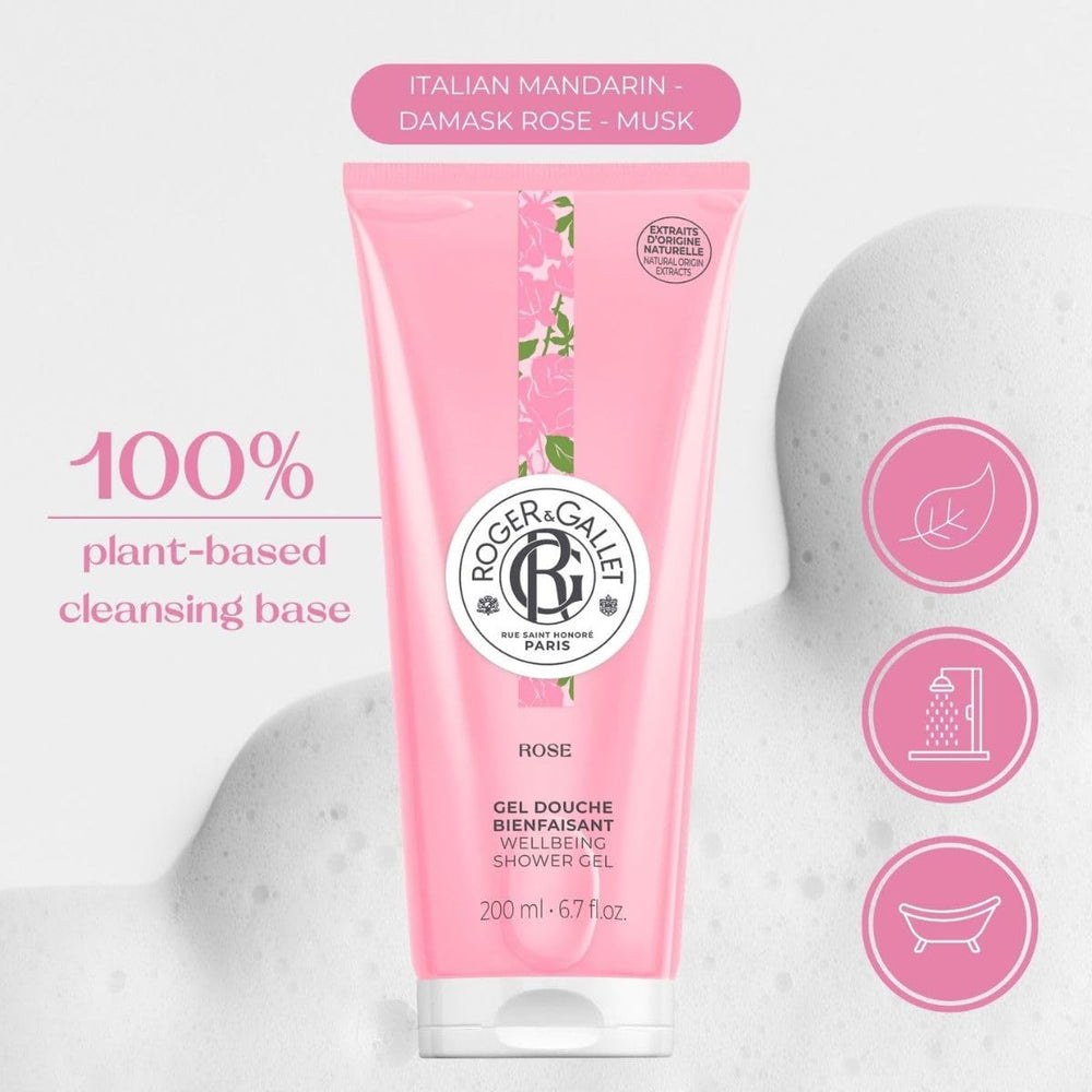 ROGER & GALLET rose foam on hand demonstrating rich lather and gentle cleanse