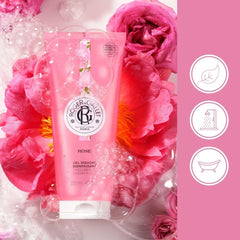 ROGER & GALLET rose gel pouring to show creamy plant-based texture and hydration