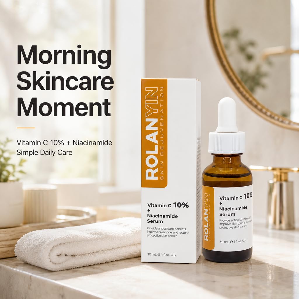 ROLANYIN bottle on bathroom counter with plants, evokes daily brightening ritual