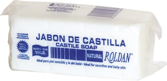 Roldan front packaging showing hypoallergenic castile bar and baby-safe benefit