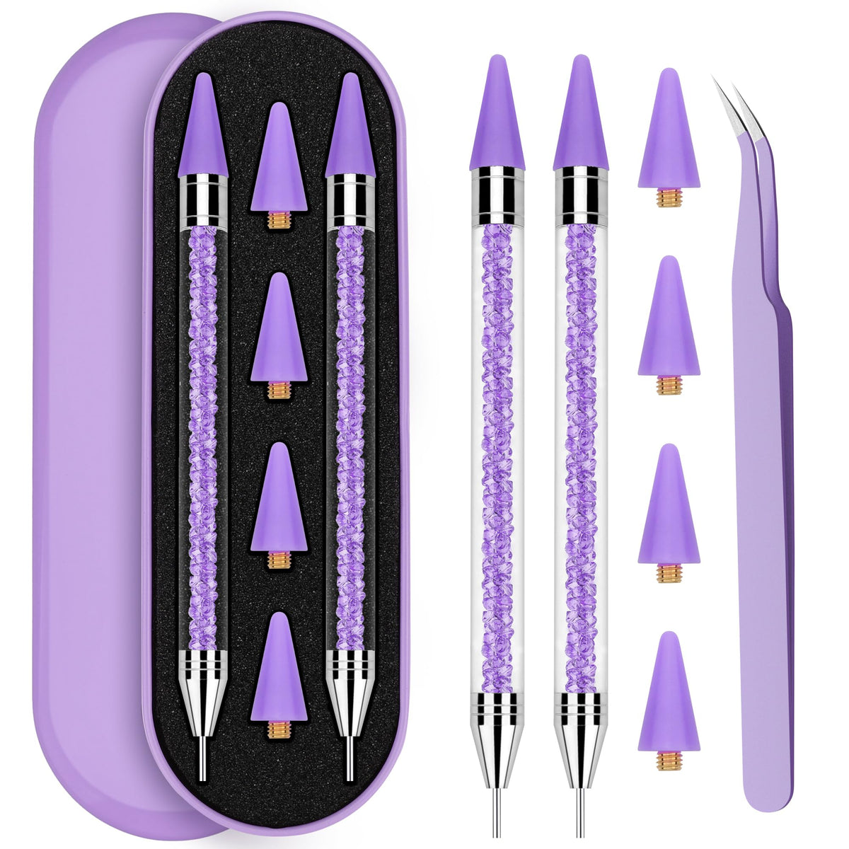 Rolybag front packaging showing the dual-ended rhinestone pens and tweezers for easy transport