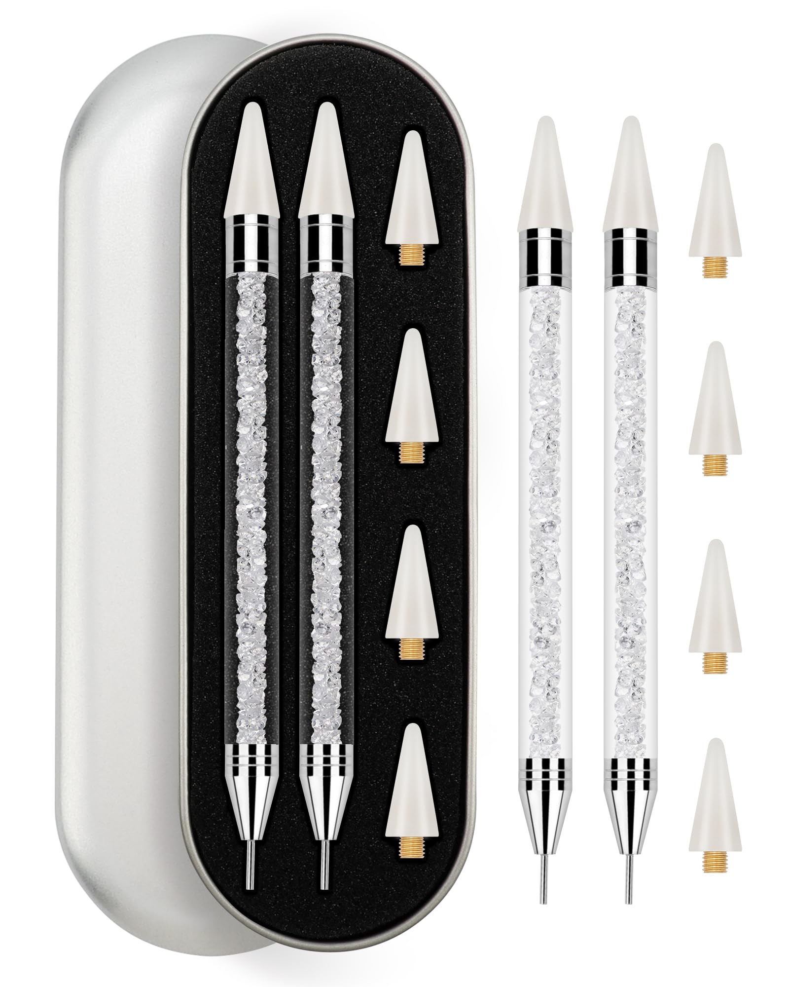 Rolybag front view of two white rhinestone picker pens showing compact design and portability